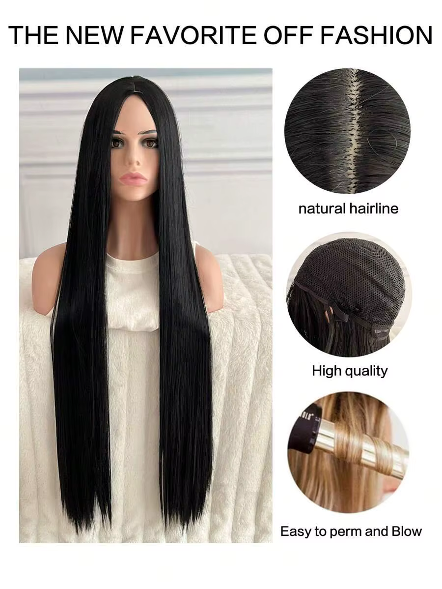 Perruque synthétique noire super longue de 40 pouces pour femme avec cheveux longs et raides sans frange au milieu convient à la partie d'Halloween