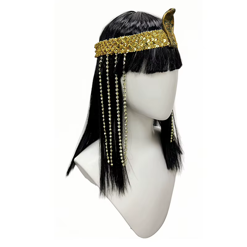 Perruque synthétique noire droite avec perles serpent et pompons