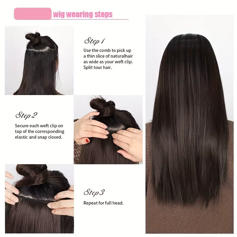 Extensions de cheveux synthétiques longues et lisses avec Clip en une seule pièce