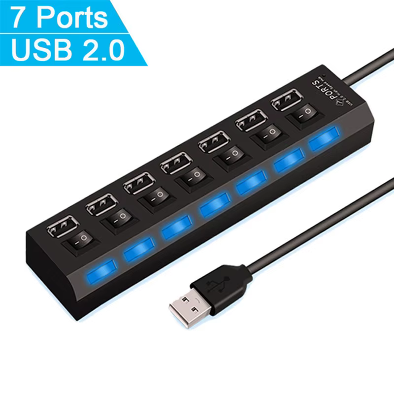 Hub USB 7 ports avec adaptateur secteur et interrupteur LED pour PC et ordinateurs portables