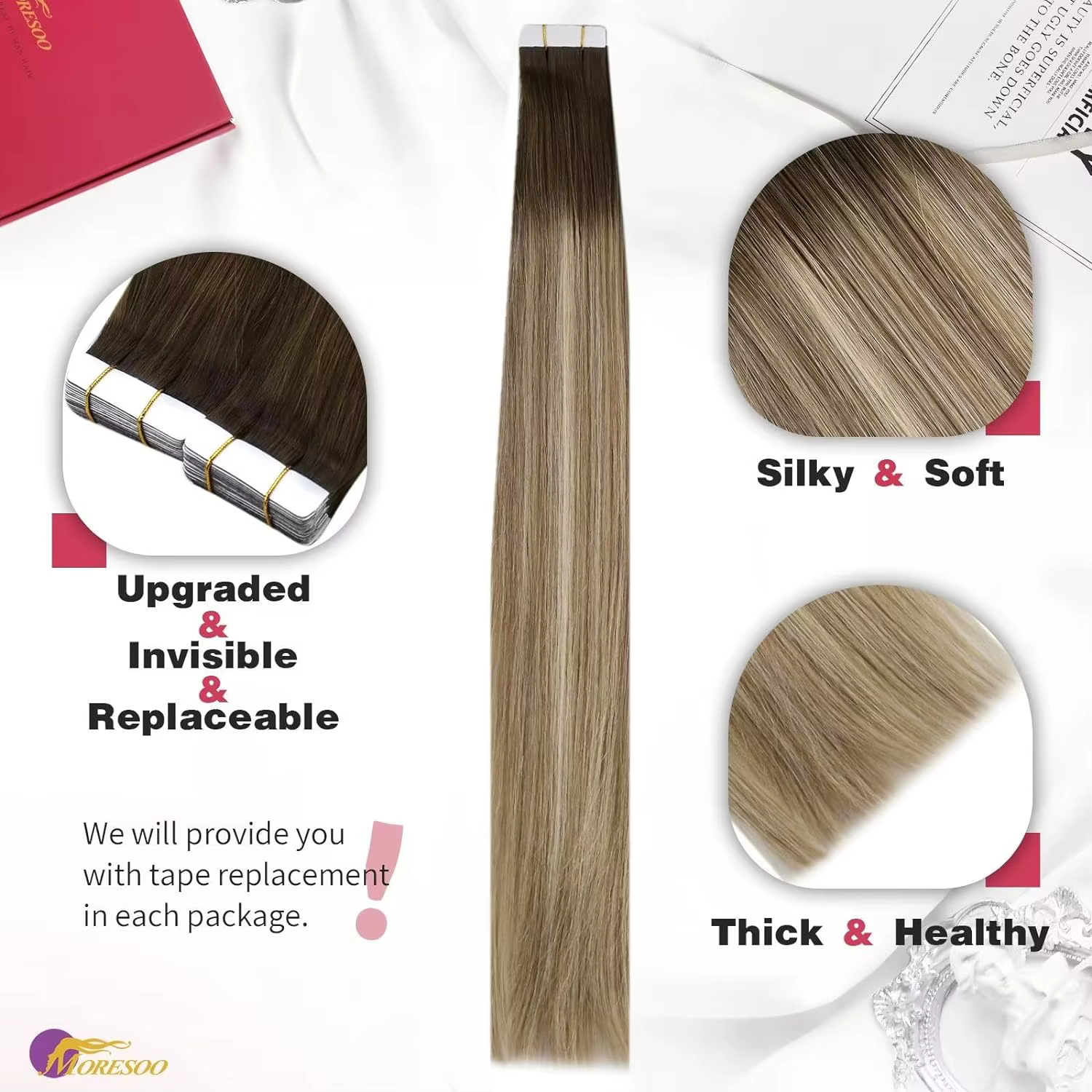 Moresoo-Extensions de cheveux à ruban adhésif, 100% vrais cheveux humains, qualité de salon, cheveux invisibles, peau naturelle Remy, bande de trame en PU, 25G, 50G