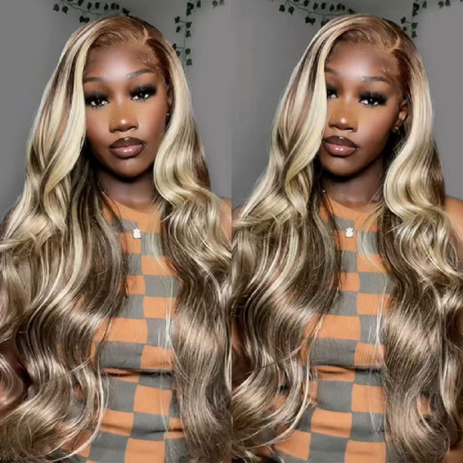 Perruque de cheveux humains Body Wave colorée à reflets blond brun 4/613