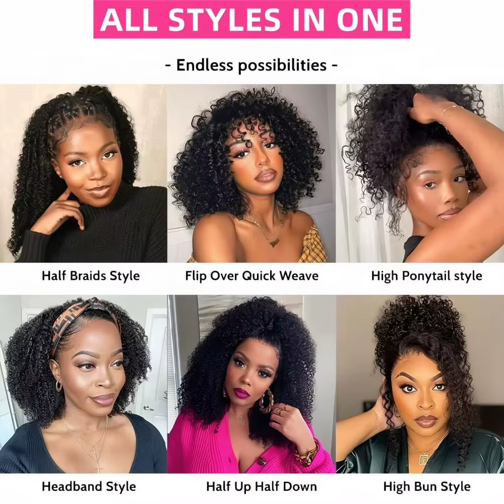 Demi-perruque cheveux humains crépus bouclés 3 en 1 perruque