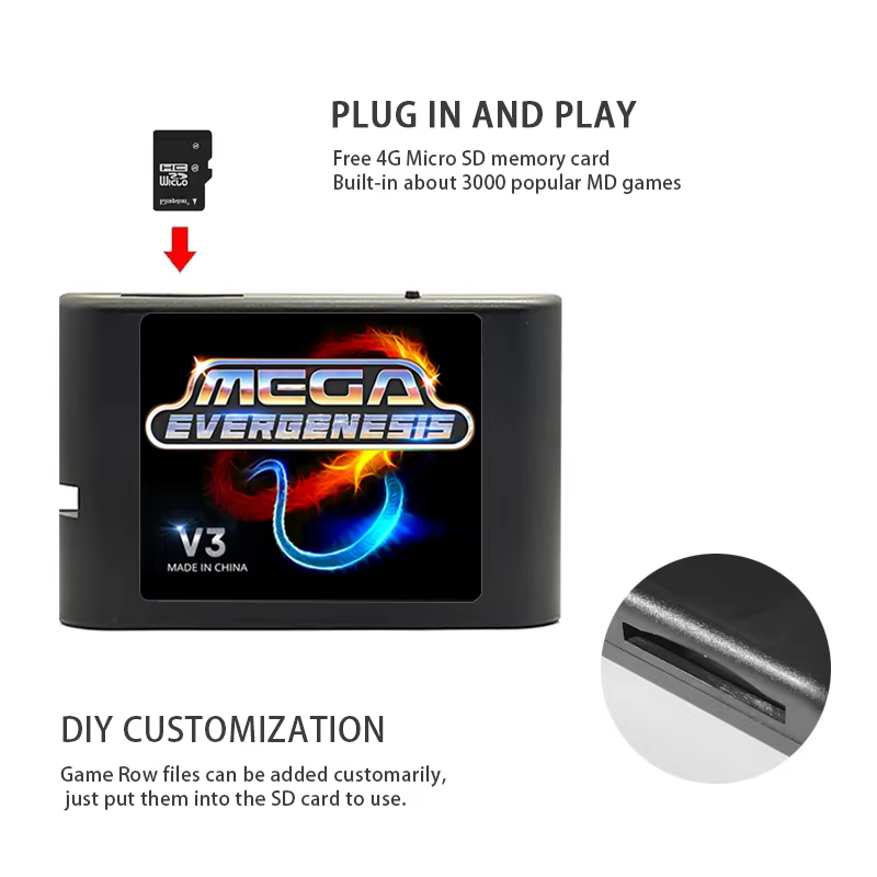 Nouveau pour MegaDrive Genesis MD V3Pro avec émulateur de lecteur optique 3000 fichiers prise en charge de la carte mémoire de fichier 32X avec carte TF 4G