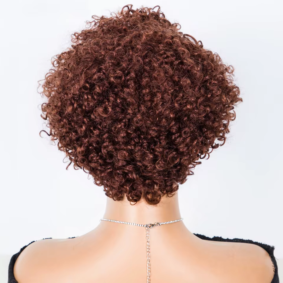 Perruques de cheveux humains bouclés péruviens avec frange courte coupe lutin Bob perruque brun rougeâtre sans colle