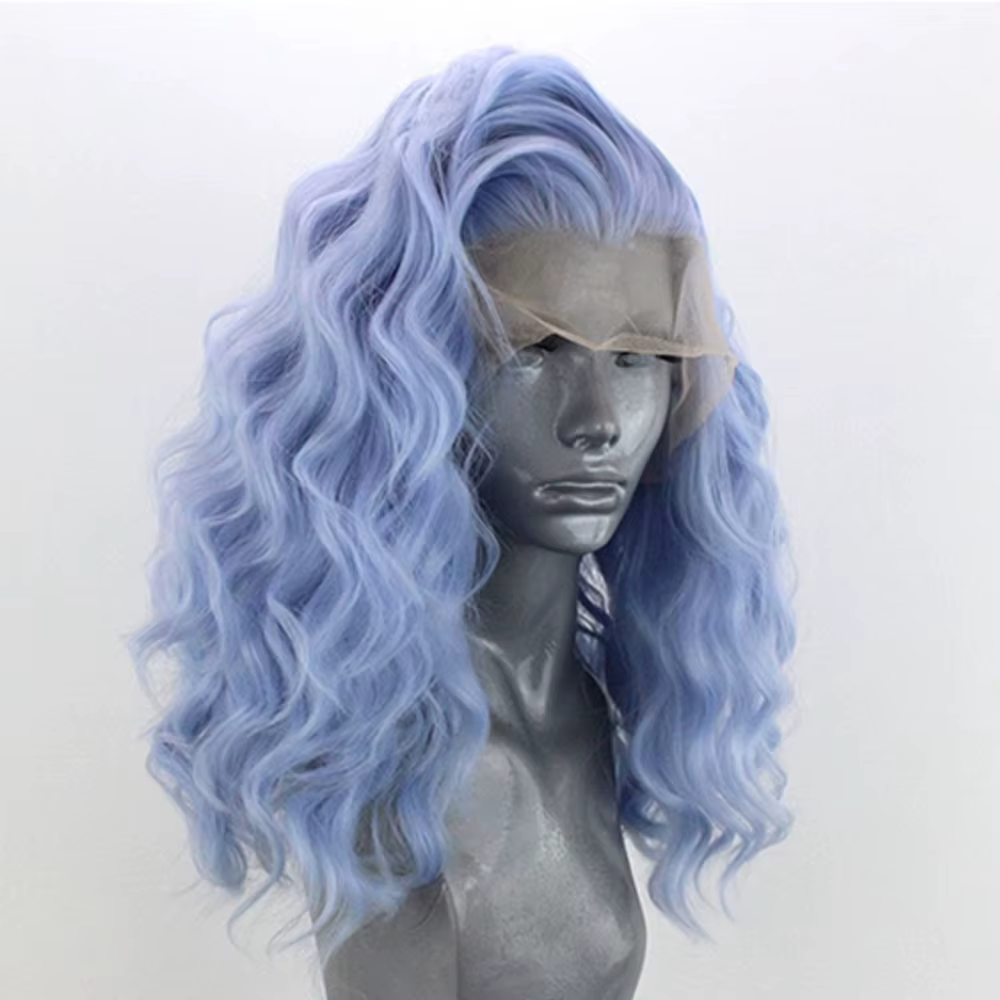 Perruque Bob Lace Front Wig synthétique ondulée bleu clair