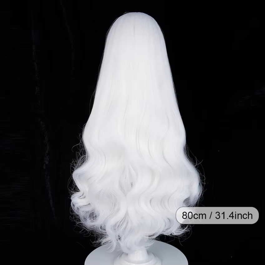 Perruque longue ondulée blanche avec frange