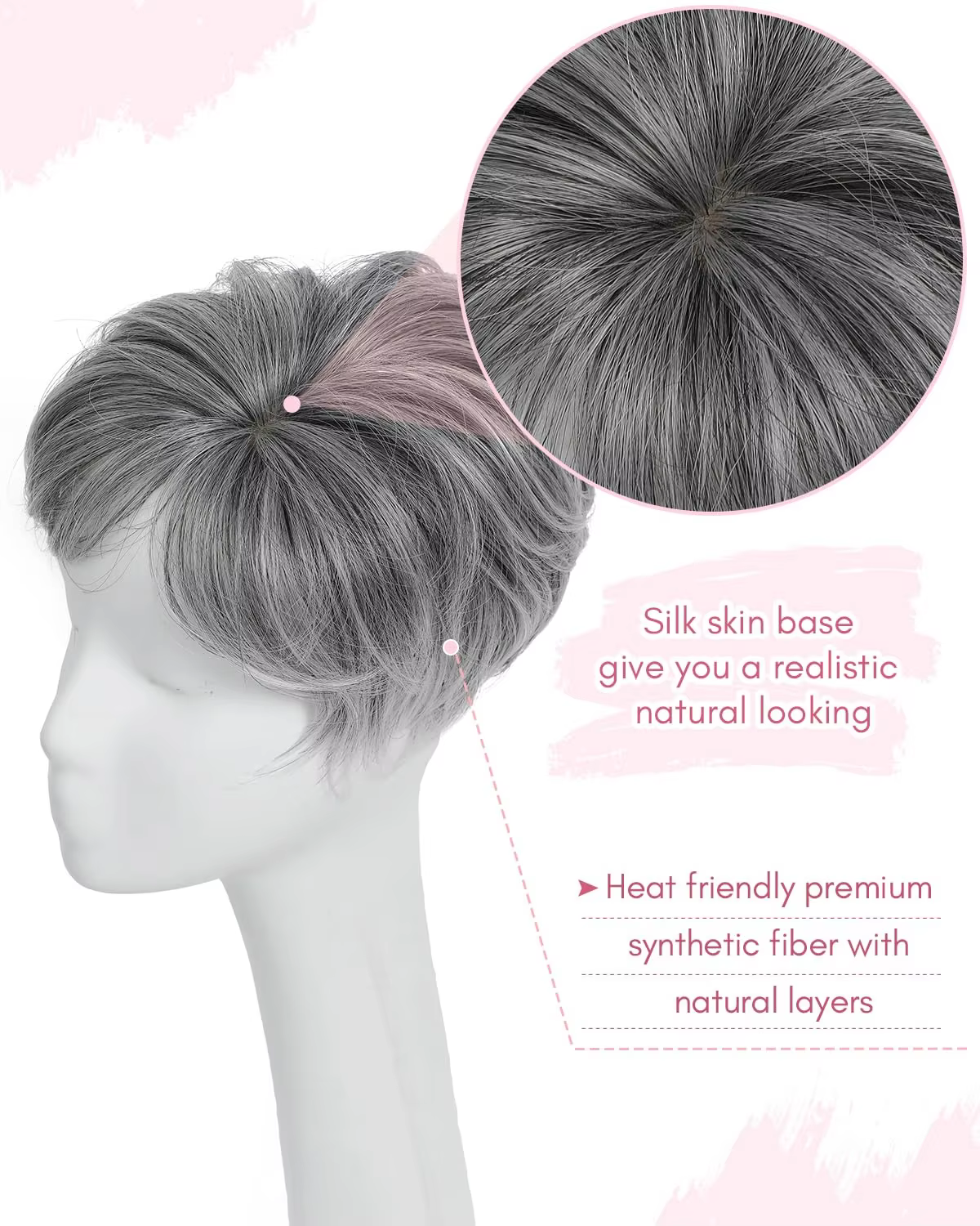 Extensions de cheveux synthétiques ondulés et volumineux gris coupe Pixie pour femmes