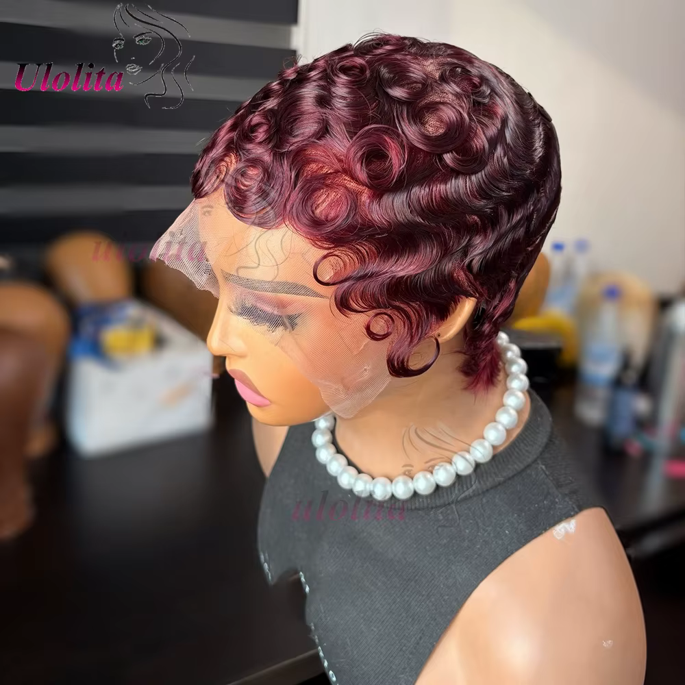 Perruques Courtes pour Femmes Noires Cheveux Humains Bourgogne 99J Chic Sans Colle Ondulées Coupe Pixie Perruque