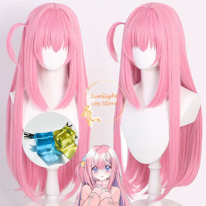 Haute qualité 80 cm Gotou Hitori Cosplay perruque Anime Cosplay rose cuir chevelu cheveux résistant à la chaleur perruques synthétiques en Stock + bonnet de perruque