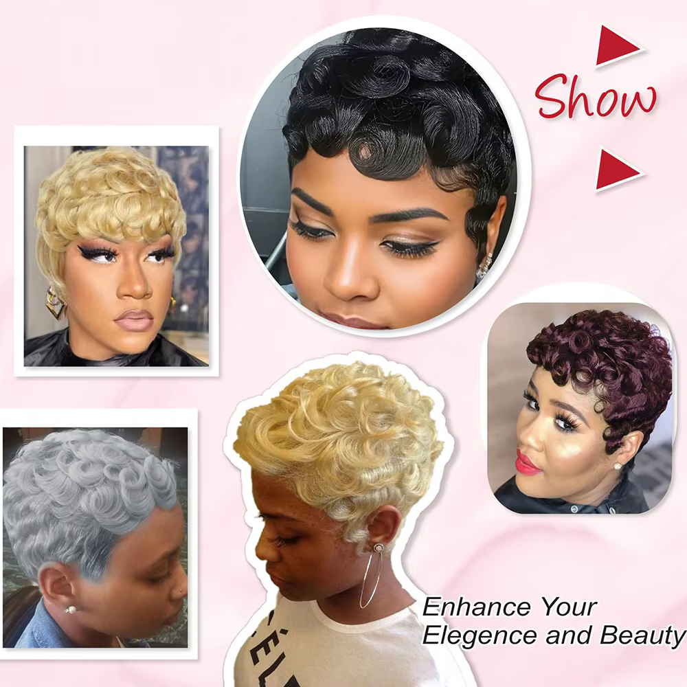 613 miel blond bouclés coupe lutin perruque 100% cheveux humains avec frange courte bouclés perruques de cheveux humains pour les femmes fabriqués à la Machine