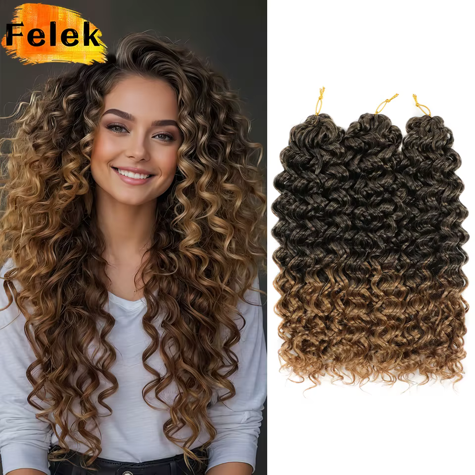 Extensions capillaires synthétiques bouclées de 14 pouces pour femmes, tresses ombrées brunes et blondes, Deep Wave, au Crochet, Passion Twist