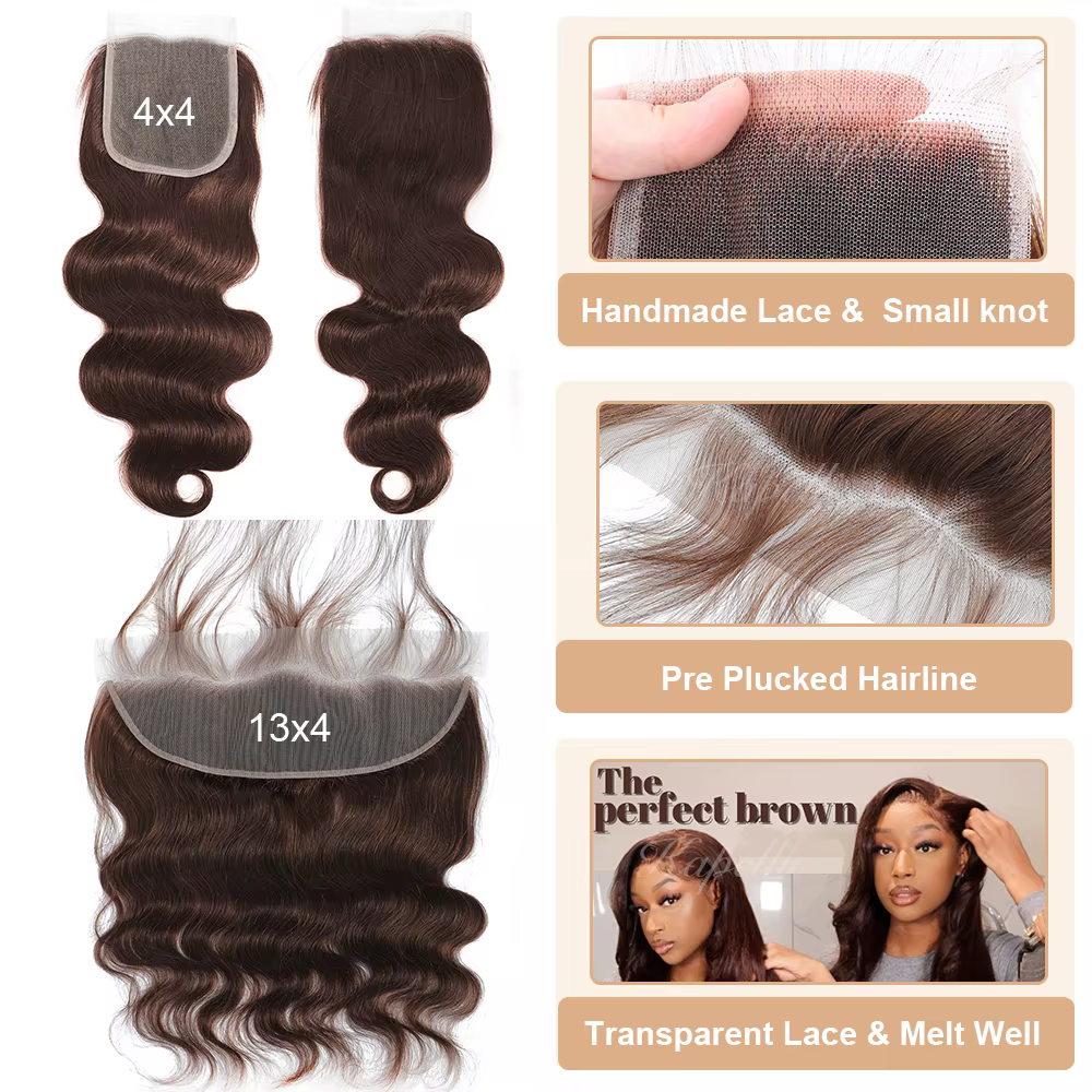 Extensions de Cheveux Humains Ondulés Bruns avec Closure 4x4/13x4