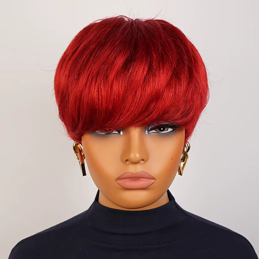 Perruque de cheveux humains courts de couleur rouge avec frange