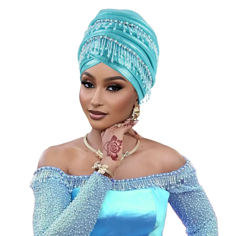 Couvre-chef africain femmes perles glands Turban casquette mariage nigérian Auto Gele fête casque tête enveloppement Hijab Bonnet chapeau coiffure