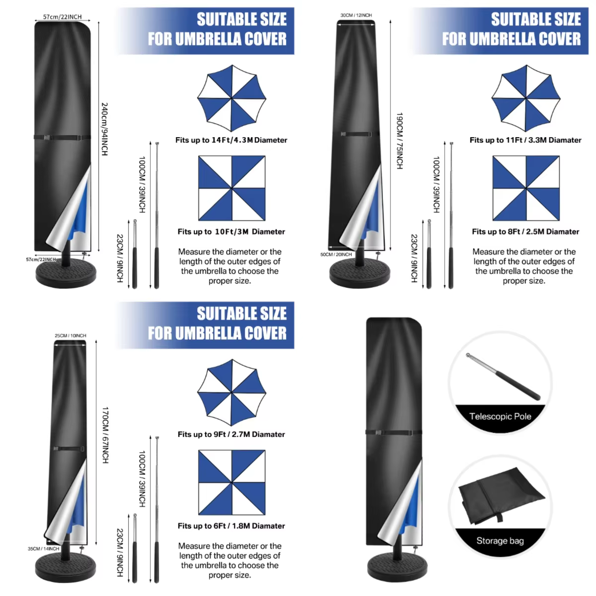Housse de Parasol droite imperméable, housse de protection avec poteau télescopique et fermeture éclair, adaptée au grand Parasol de Patio