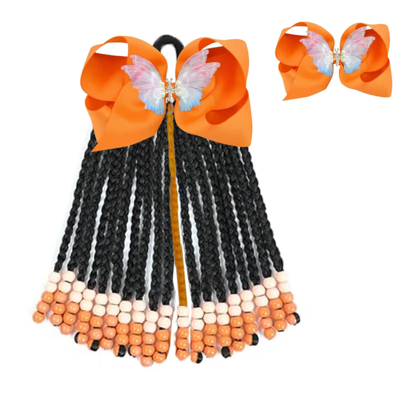 Extension de queue de cheval pour enfants avec perles - Extensions de cheveux de tresses en boîte de 19 brins avec clips à nœud - Coiffure de protection de 9 pouces pour filles