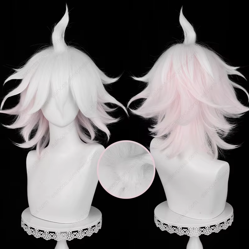 Anime Nagito Komaeda Cosplay perruque 37 cm de Long rose blanc dégradé perruques résistant à la chaleur cheveux synthétiques