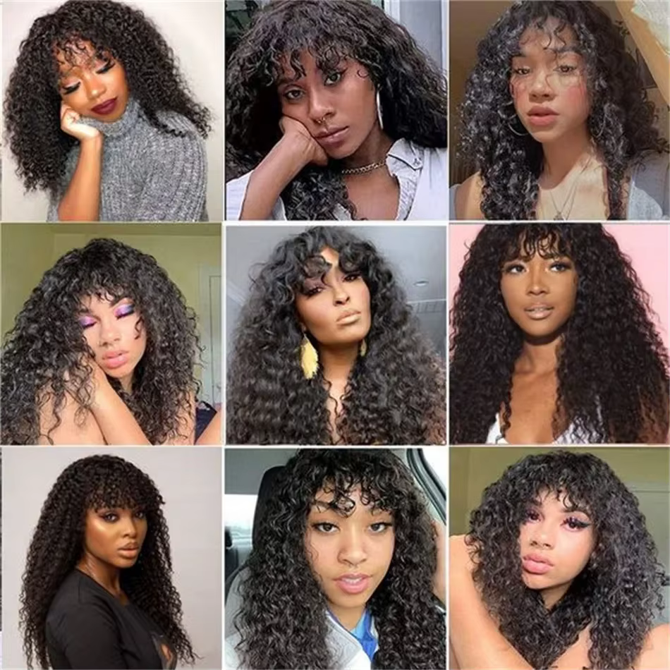 Perruque brésilienne bouclée en cheveux humains avec frange
