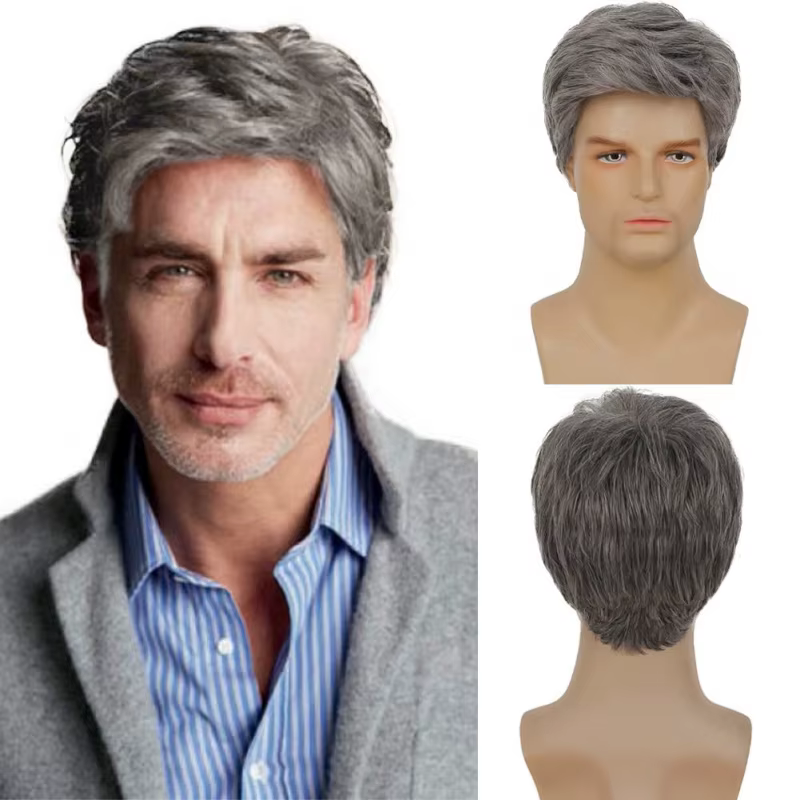 Perruque Courte Synthétique Grise pour Homme