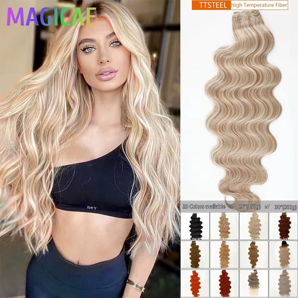 30 pouces 200 grammes surbrillance blonde 27/613 Ombre Brown 6 #   Extension de cheveux synthétiques à haute température, Body Wave, Bio-Protain
