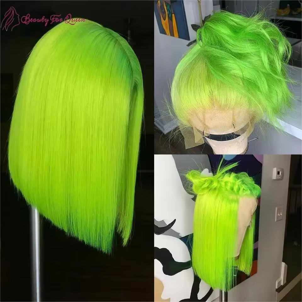 Perruque Courte Bob Vert Fluorescent en Cheveux Humains