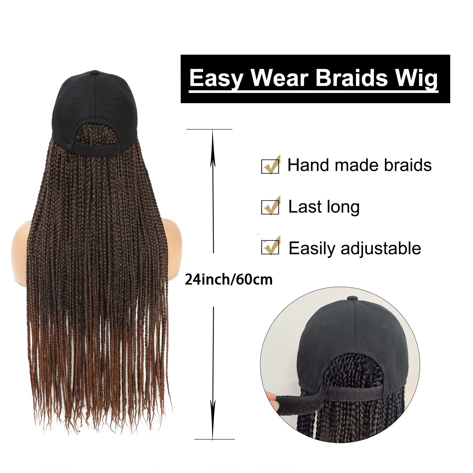 Casquette perruque pour femme avec cheveux tressés intégrés