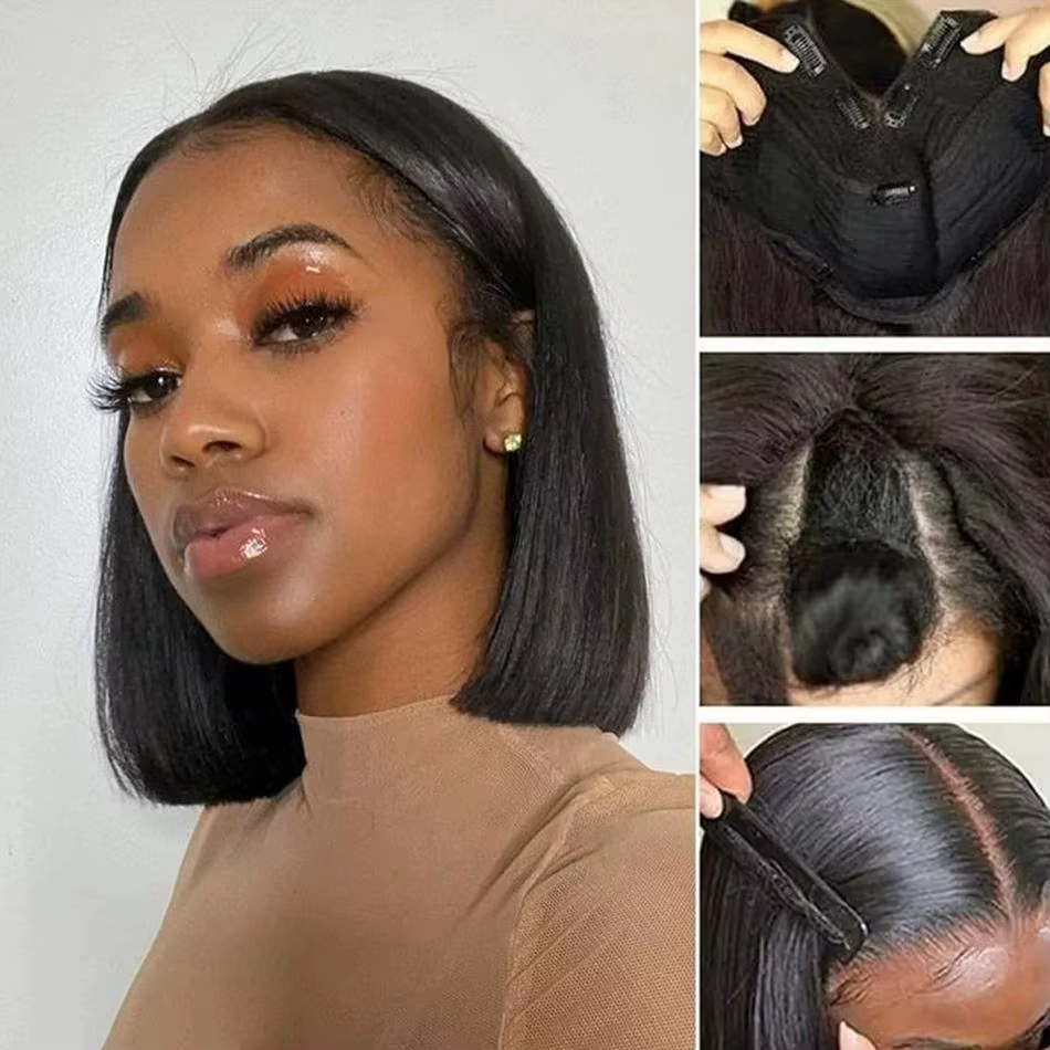 V partie perruque cheveux humains pour femmes court Bob droite sans colle brésilien Remy Bob pince en demi