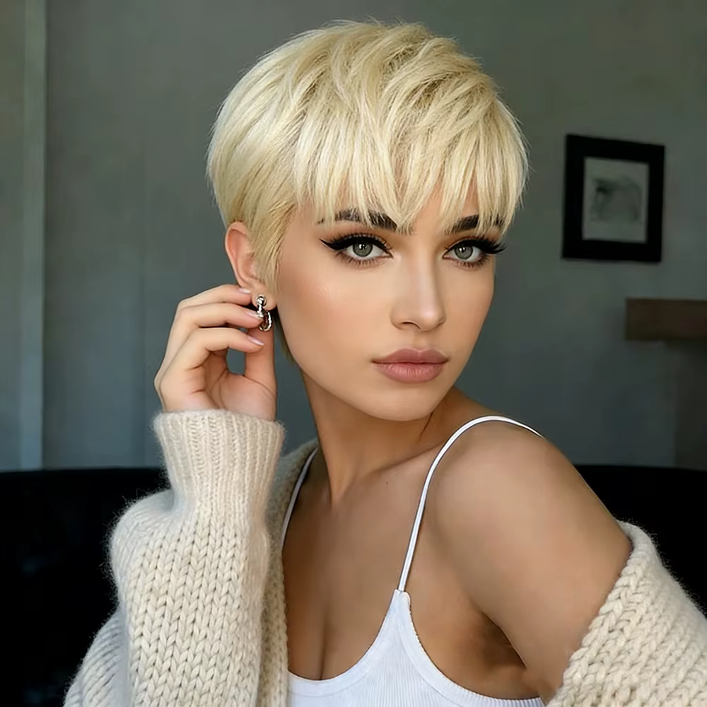 # Perruques en cheveux humains couleur blonde 613, perruque courte blonde avec frange pour femmes, cheveux brésiliens, bonnet fait à la machine, noir/brun/blonde