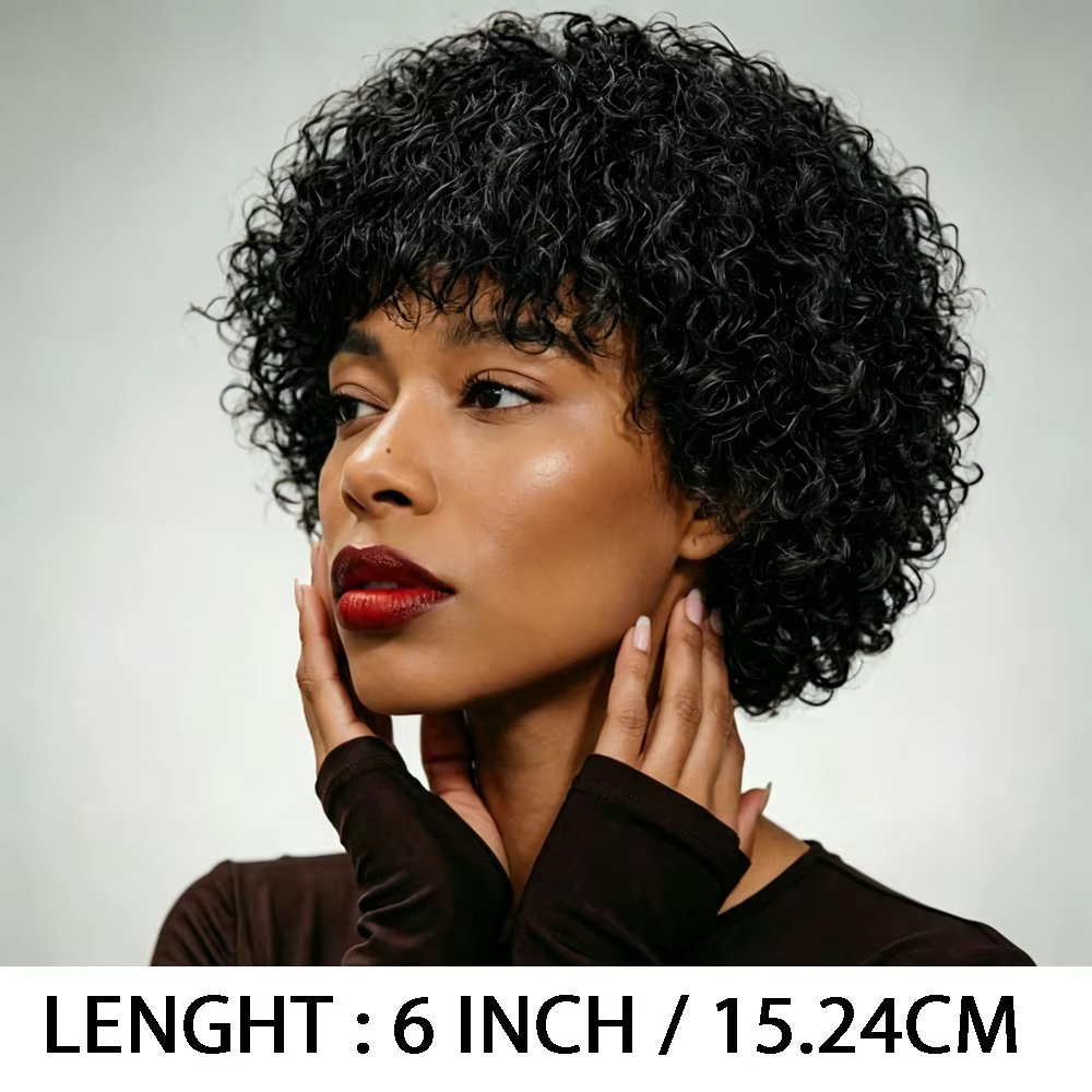 Perruque en cheveux humains noirs bouclés crépus avec frange, densité 180%, fabriquée à la machine, bonnet respirant, aspect naturel pour femmes, usage quotidien décontracté