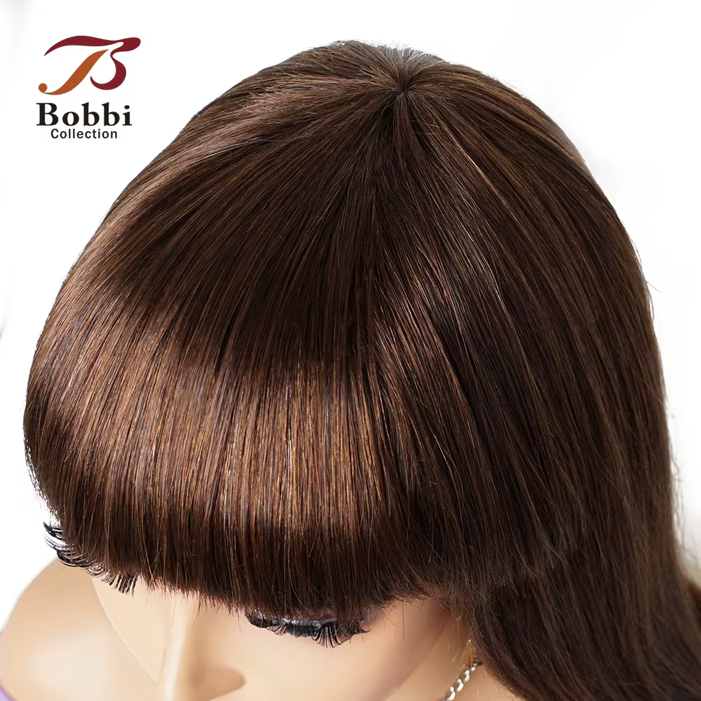 Perruques de cheveux 100% humains, perruque complète avec frange, marron, lisse, faite à la Machine, avec frange, Collection Bobbi