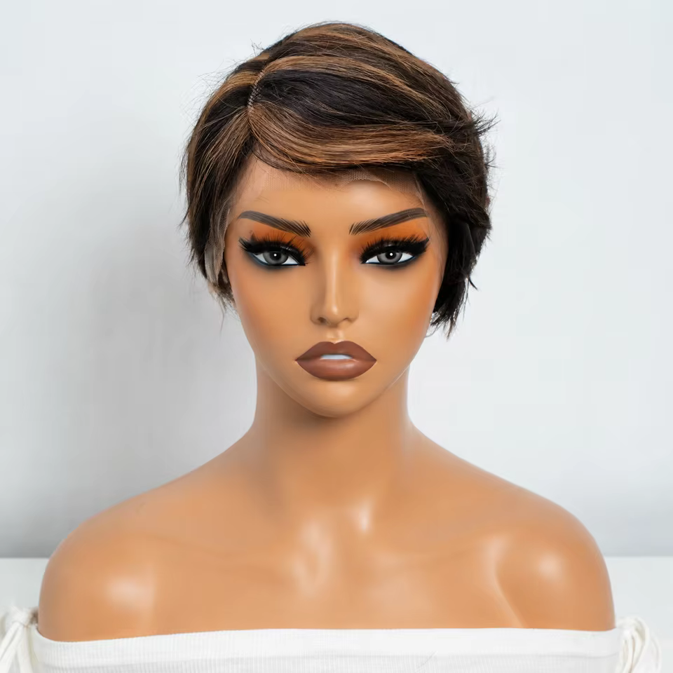 Perruques Lekker CLearance Highlight Short Pixie Cut Side Part Lace Front 100% Cheveux Humains Pour Femmes Sans Colle Cheveux Brésiliens Remy Bob