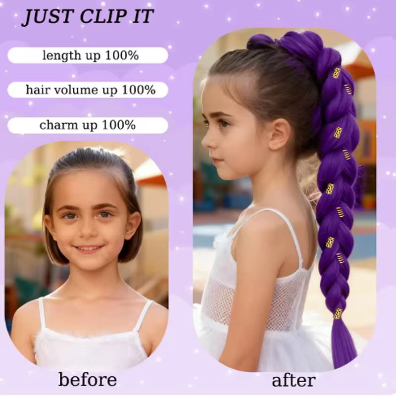 Extensions de queue de cheval tressée violette de 18 pouces avec pinces à cheveux dorées