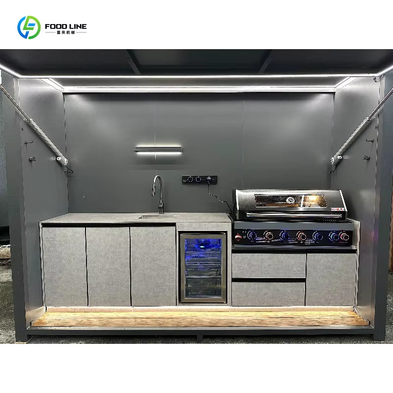 Barbecue extérieur personnalisable et résistant au vent, style terrasse, avec glacière et évier, pour la cuisine en plein air dans le jardin ou sur la terrasse.