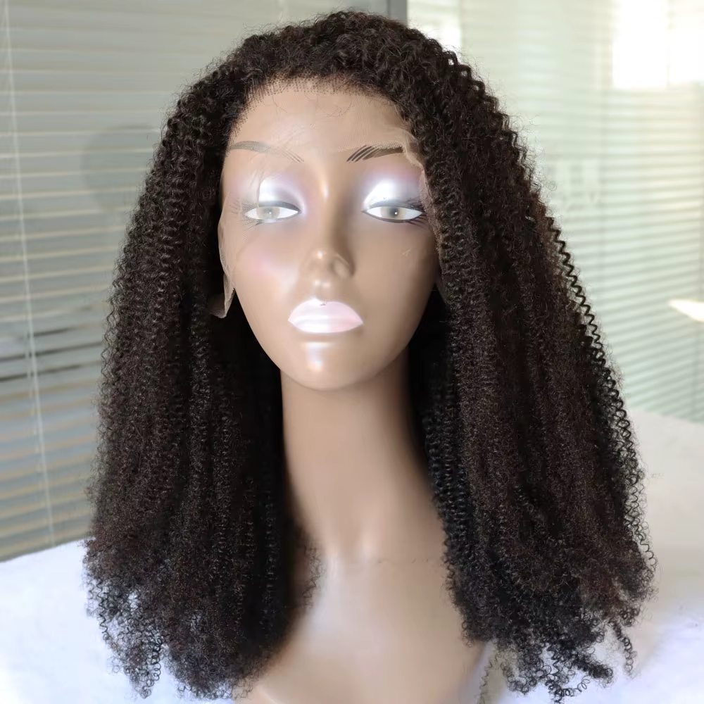 4C Afro crépus bouclés vierge Remy cheveux humains dentelle frontale fermeture perruque # 1 perruques de style noir de