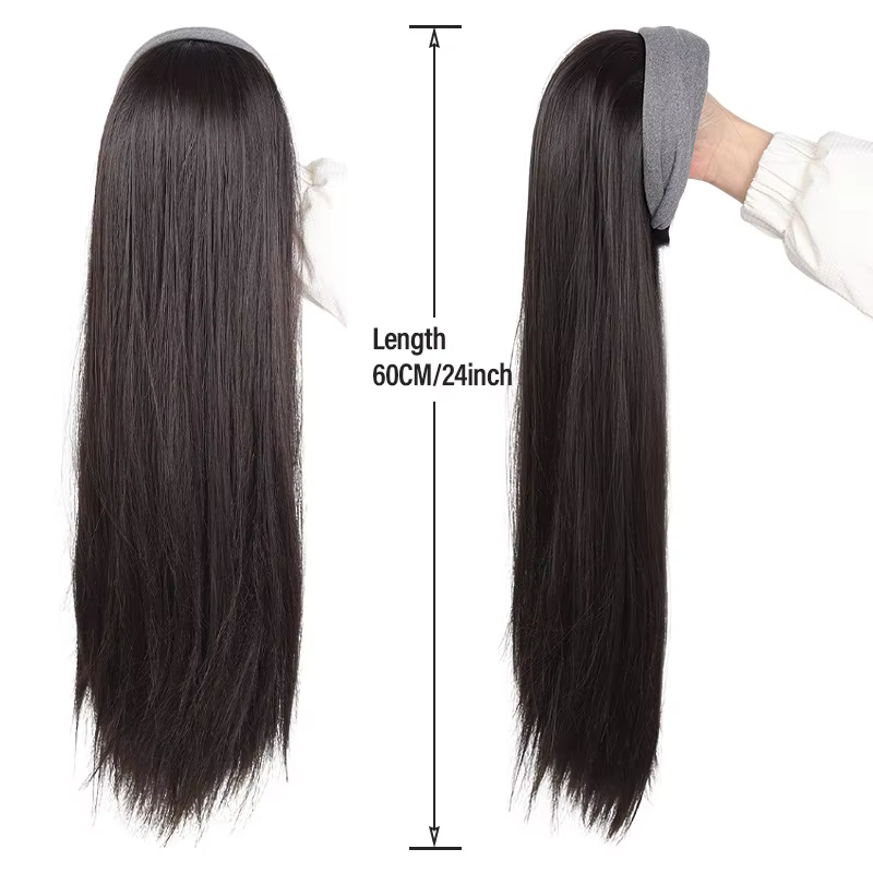 Demi-perruque tendance pour femme avec bandeau gris et cheveux synthétiques longs et raides