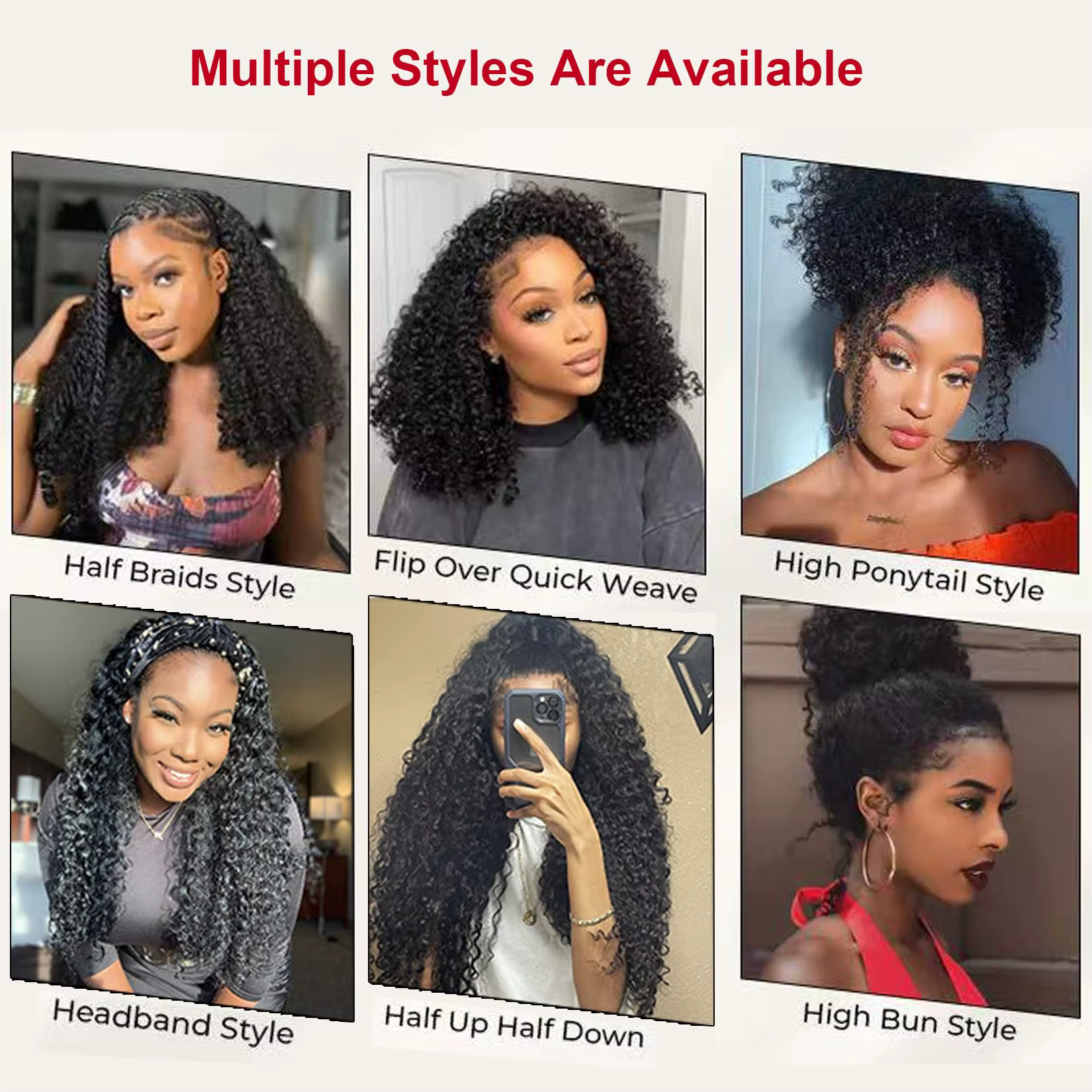 Perruque mi-tête 250% Kinky Curly en cheveux humains