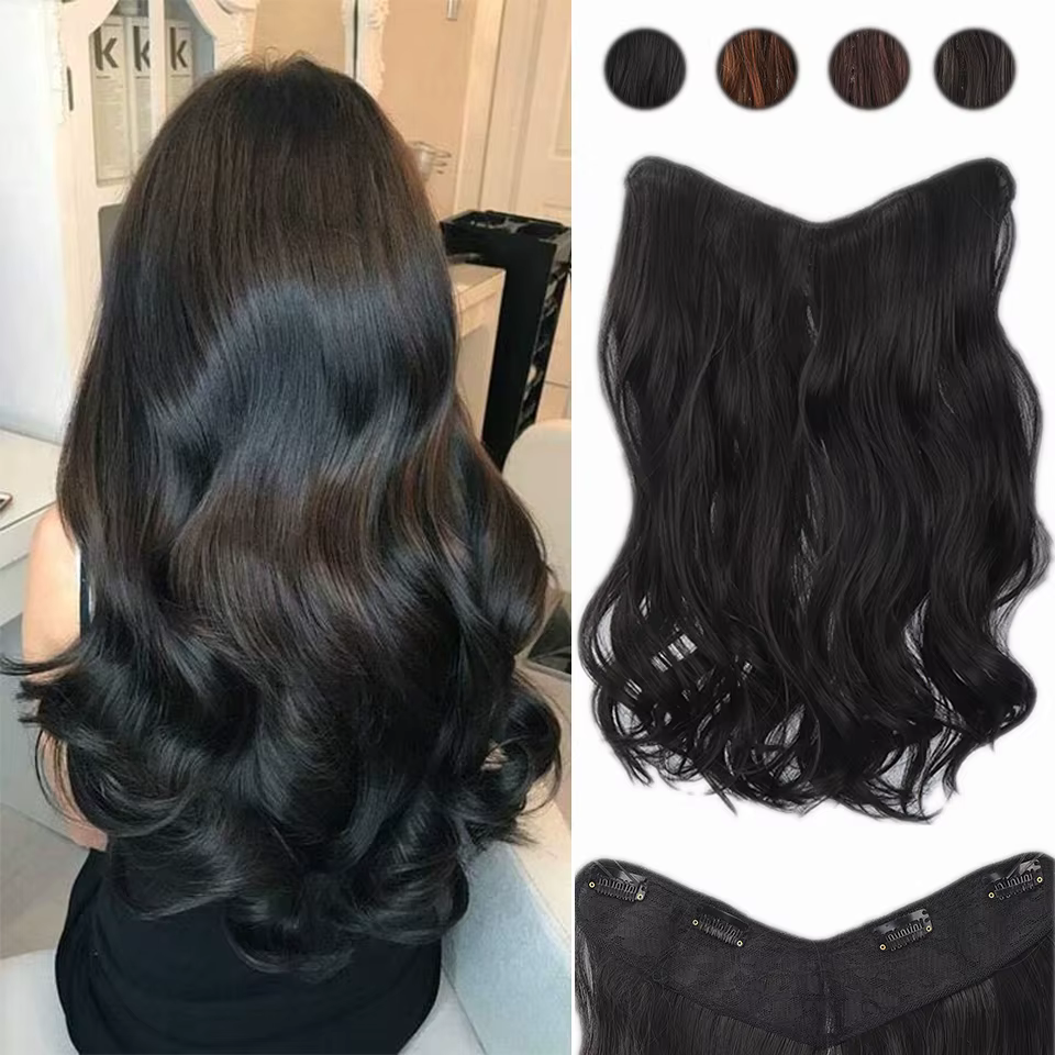 Extensions de cheveux synthétiques en forme de V à grandes ondulations pour femmes caucasiennes