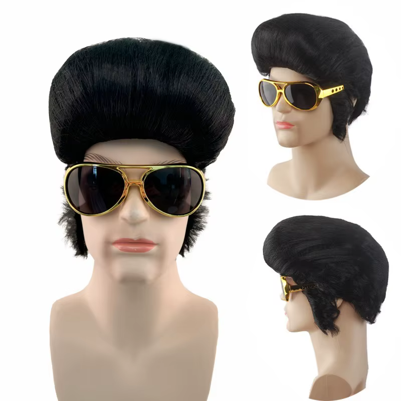 Rock and Roll Elvis Presley Cosplay perruque usage quotidien fibres fondues mascarade fête scène Performance noir cheveux courts