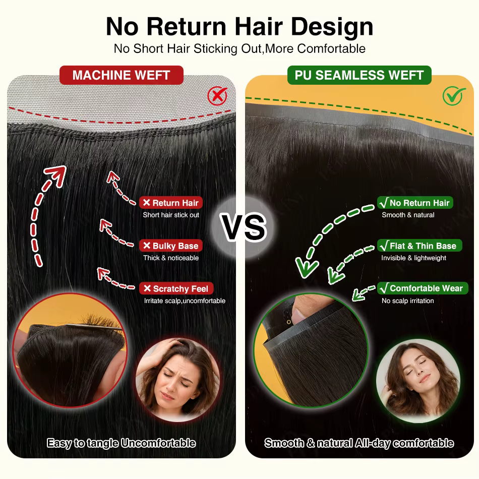 Extensions de cheveux humains à clips invisibles en PU
