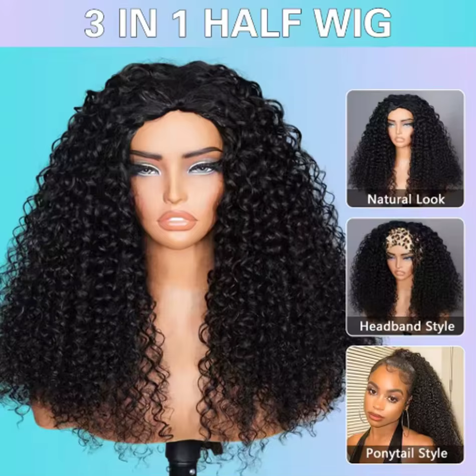 Perruque mi-tête Water Wave 3-en-1 en cheveux humains