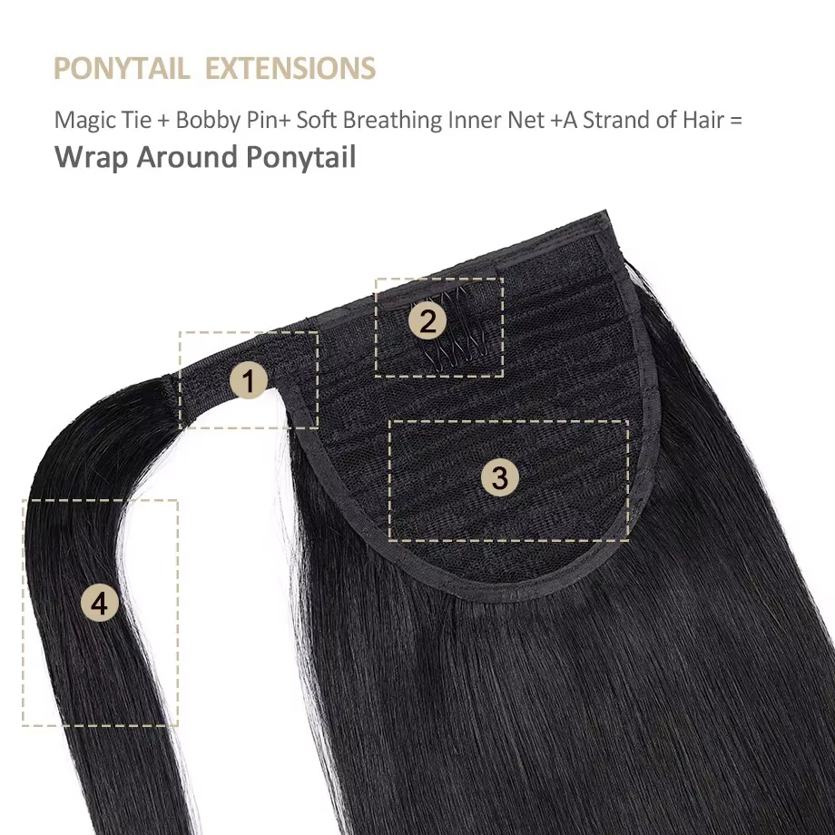 Extensions de cheveux brésiliennes pour femmes noires, queue de cheval à clipser, en cheveux humains lisses, à enrouler avec cordon de serrage