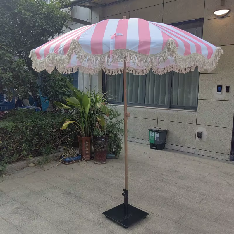 Parasol de marché avec pompon, protection solaire pour terrasse extérieure et jardin, parasol à long mât droit pour plage, camping, balcon, terrasse