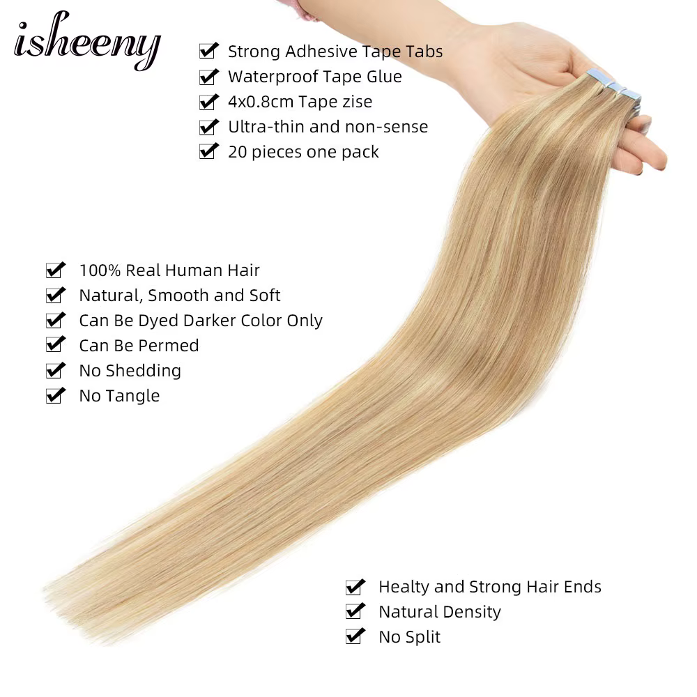 Isheeny – Extensions de cheveux naturels européens Remy, 18 pouces, 1.8g, Mini bande adhésive, 10 pièces