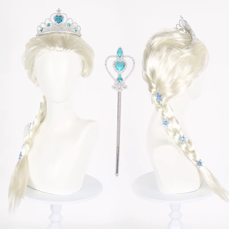 Ensemble de perruques tressées de 70cm de long avec couronne et baguette magique