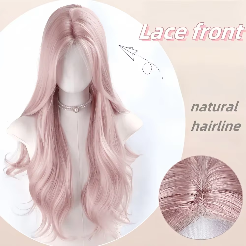 Perruque rose pour femmes perruques de Cosplay longues ondulées