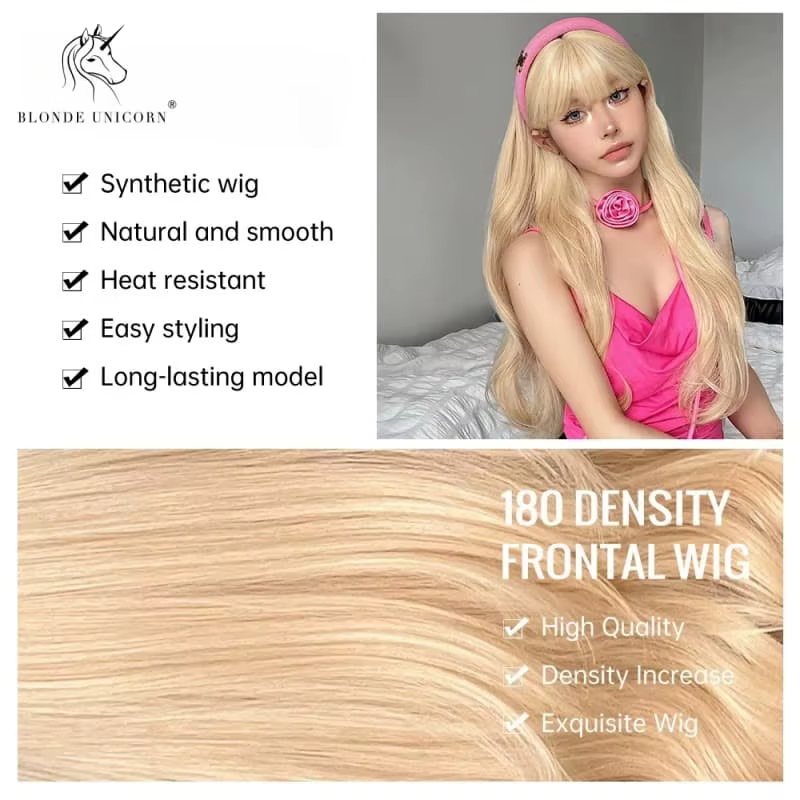 Perruque synthétique longue ondulée licorne Blonde dorée naturelle avec frange