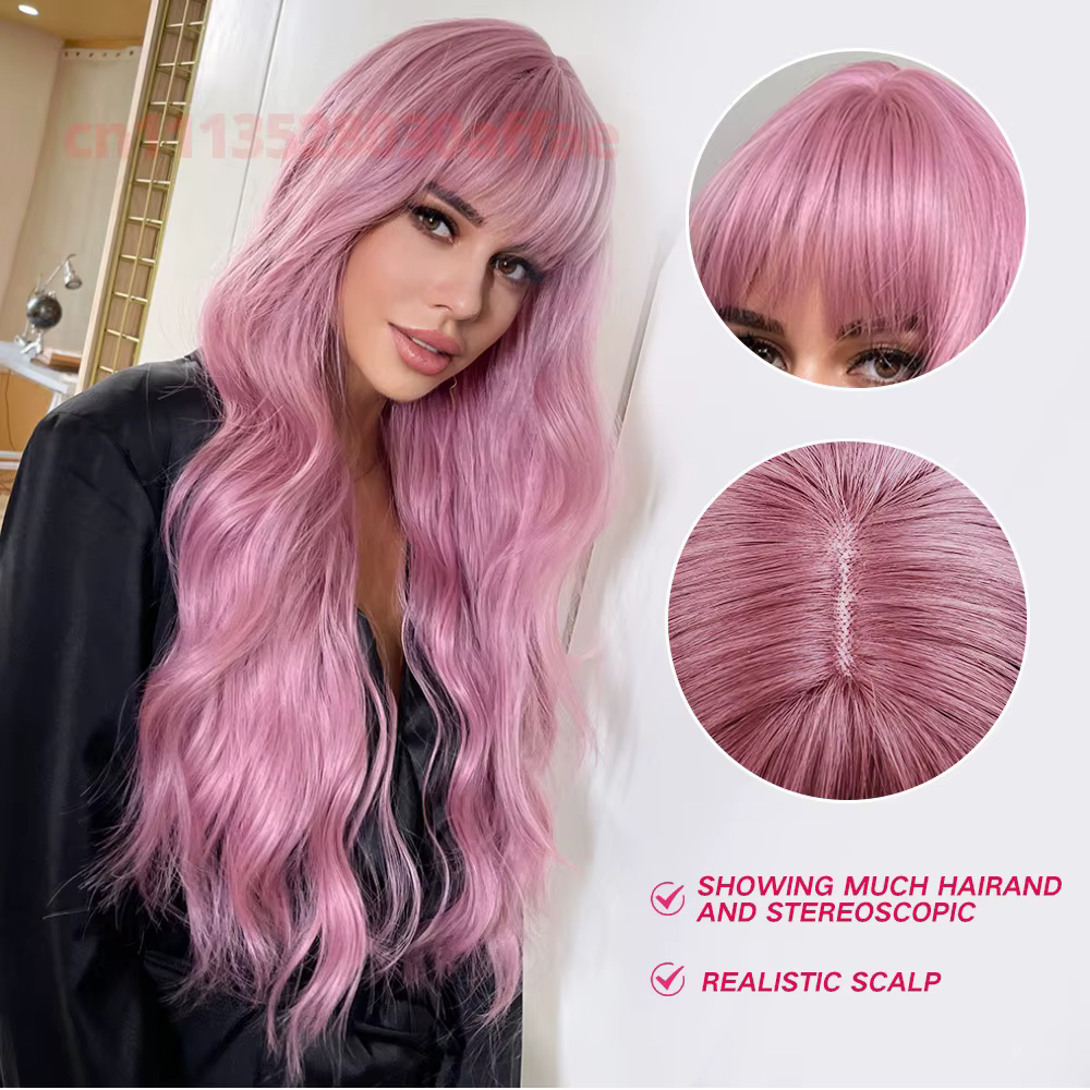 Perruque synthétique longue rose bouclée ondulée tendance avec frange