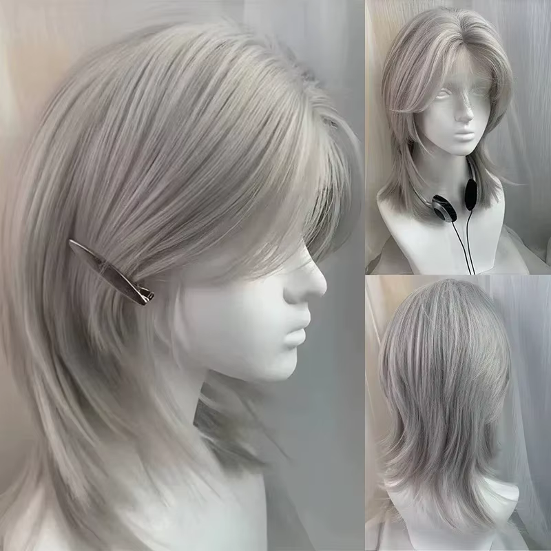Lolita perruque synthétique front dentelle queue de loup cheveux courts bouclés argent gris superposition quotidien
