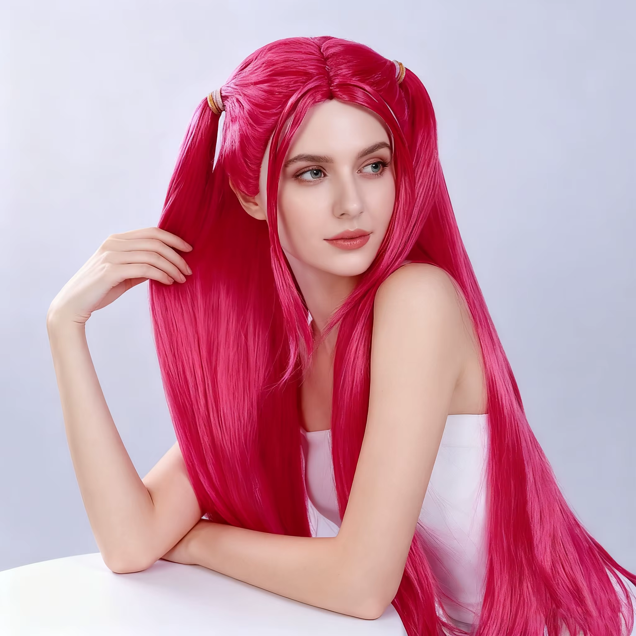 Perruque Anime longue rose avec motif double queue – Fibre synthétique résistante à la chaleur